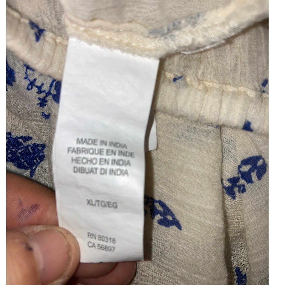 Lucky Brand Womens XL Embroidered Boho Peasant Blouse Blue White Cotton Top - Picture 4 of 9